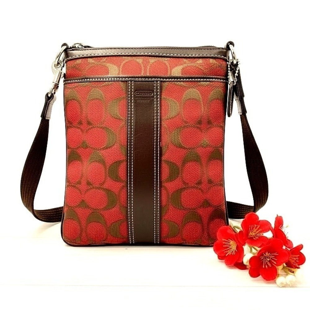 Coach Signature C Monogram Canvas Crossbody Bag Red Brown Leather Trim‎